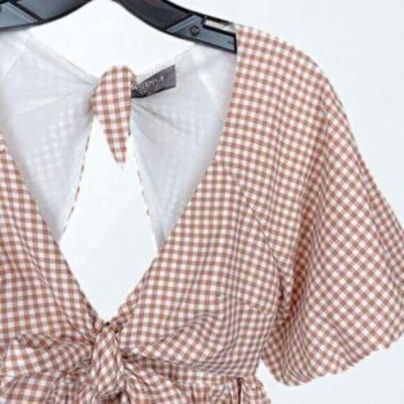 NWT 4si3nna Brown Gingham Valentina Short Sleeve Blouse Top - Picture 3 of 4